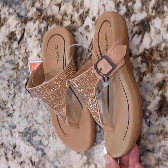 AETREX Rose Gold Rhinestone Toe Strap Arch Support Sandals Size 6 $100 NEW - Picture 10 of 13